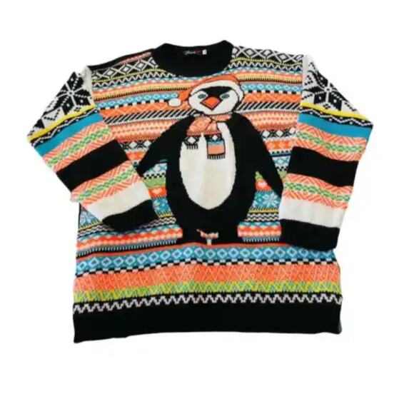Blush Womens Penguin Fair Isle Christmas Sweater Comfy Striped Multicolor M/L - Picture 1 of 6